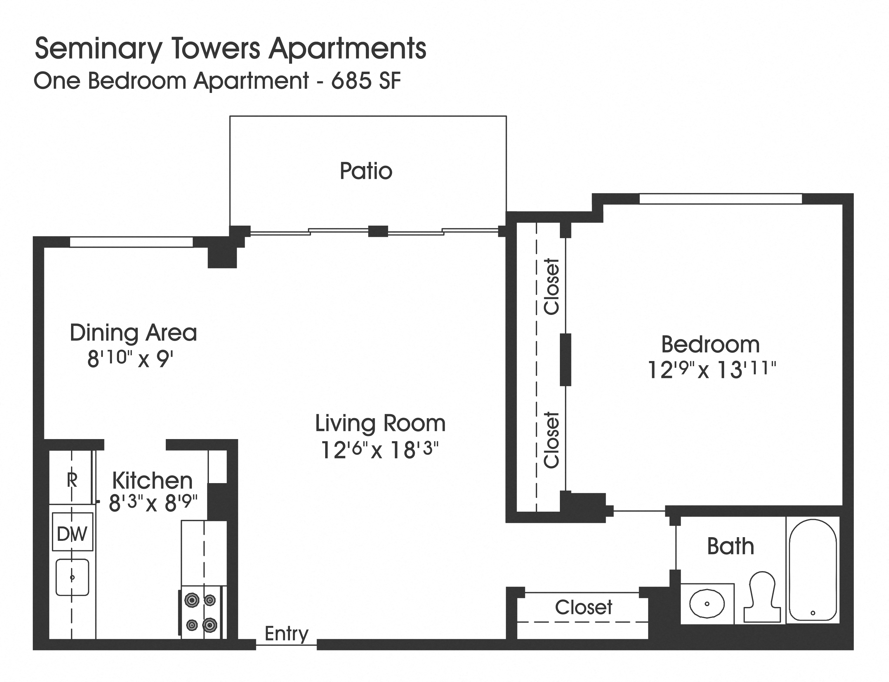 Floor plan for 1 bed, 1 bath, 685 sqft